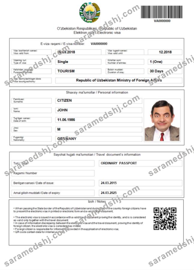 Uzbekistan e-visa in Word and PDF template